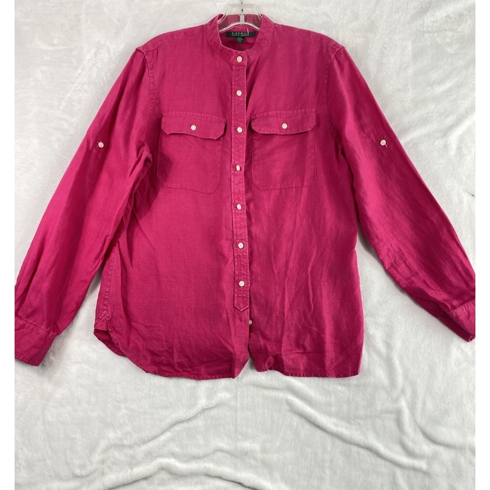 Lauren Ralph Lauren 100% Linen Shirt Women Sz M Hot Pink Roll Tab Sleeve